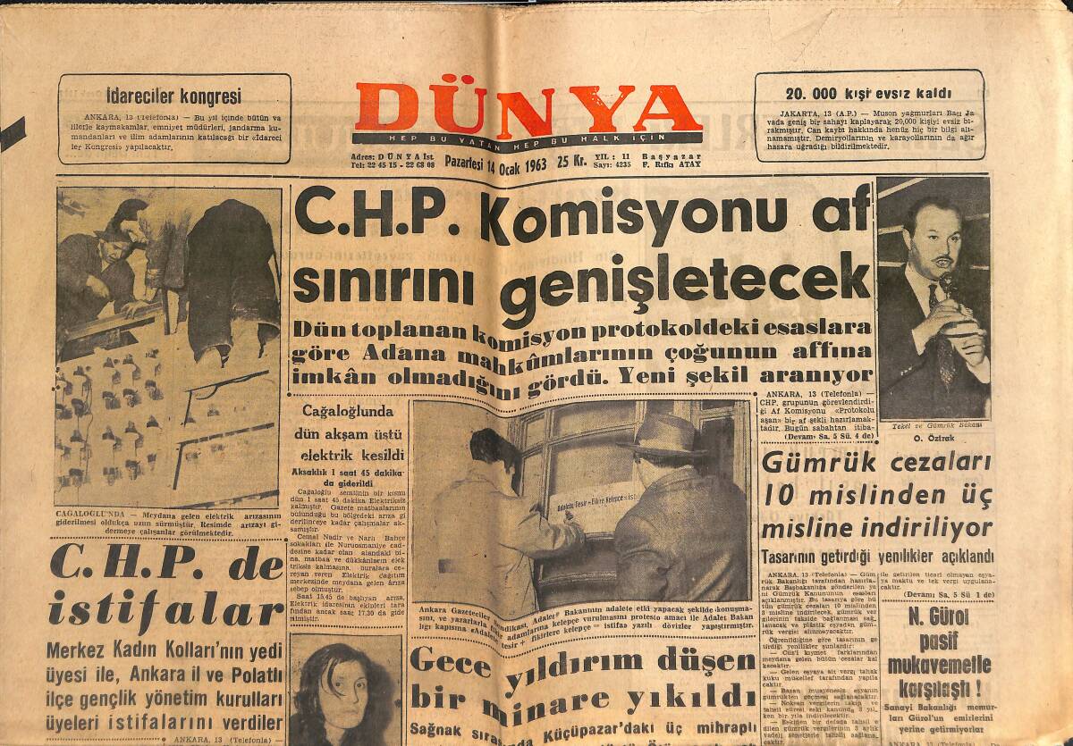 Dünya Gazetesi 14 Ocak 1963 - Kirk Douglas: Hollywood'da En Sevilmeyen Benim - CHP'de İstifalar GZ152524 - 1