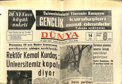 Dünya Gazetesi 14 Ocak 1969 - Rektör Kemal Kurdaş Üniversitemiz Kapalı Diyor GZ68153 - 2