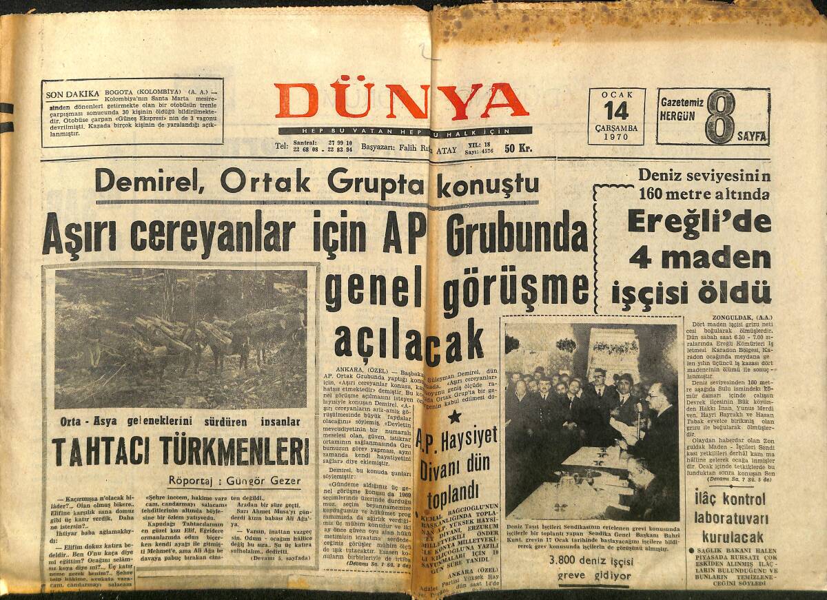 Dünya Gazetesi 14 Ocak 1970 - İlâç Kontrol Laboratuvarı Kurulacak - Ereğli'de 4 Maden İşçisi Öldü GZ148085 - 1