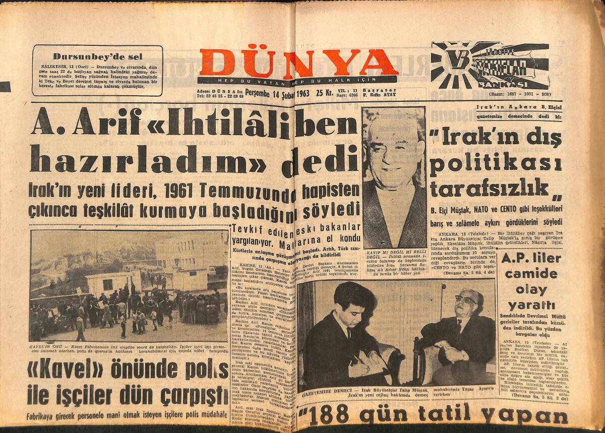 Dünya Gazetesi 14 Şubat 1963 - Konsorsiyum Yardım İçin Bugün Toplanıyor - Irak'ın Dış Politikası Tarafsızlık GZ150517 - 1