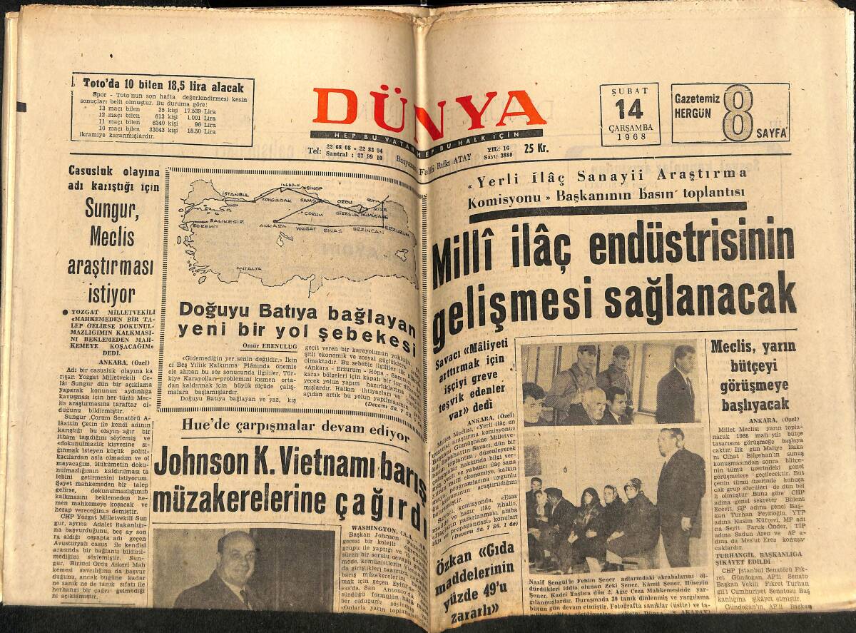 Dünya Gazetesi 14 Şubat 1968 - Prens Charles Üniversiteye İmtihanla Kabul Edildi - Brigitte Bardot Eşinden Ayrılacağını Yalanladı - Sophia Loren GZ148882 - 1