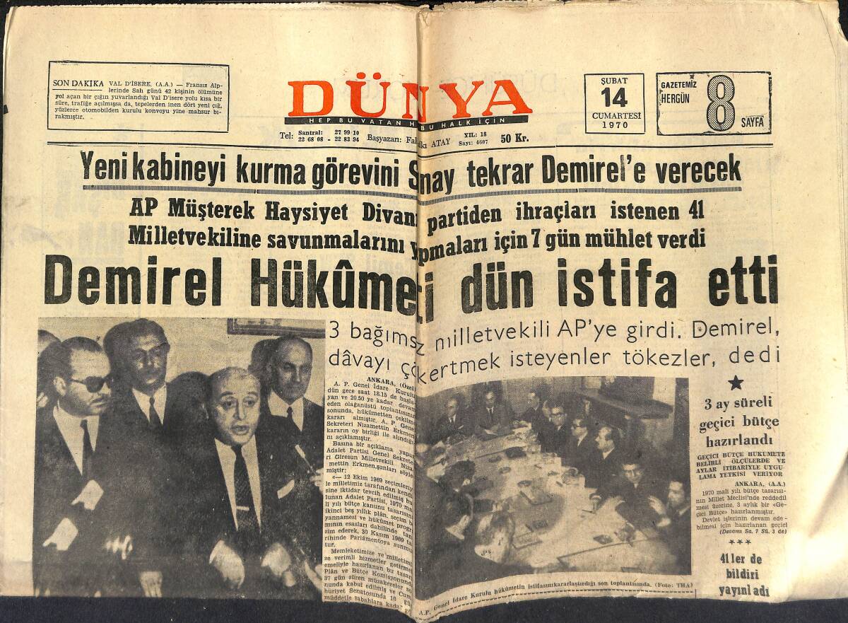 Dünya Gazetesi 14 Şubat 1970 - Demirel Hükümeti Dün İstifa Etti - Kral Faruk'un Yetişkin Film Koleksiyonu Satıldı GZ150979 - 1