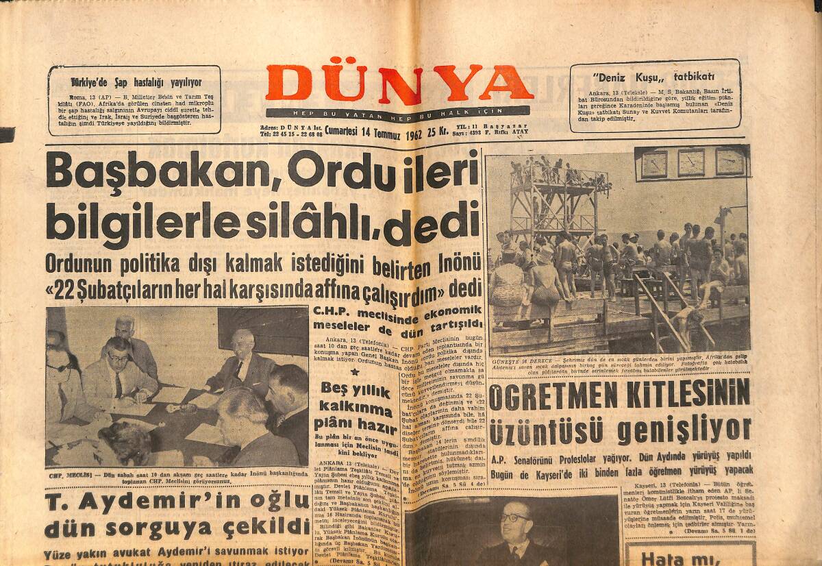 Dünya Gazetesi 14 Temmuz 1962 - Shekspeare Bir Arapmış - Başbakan , Ordu İleri Bilgilerle Silahlı Dedi GZ150549 - 1