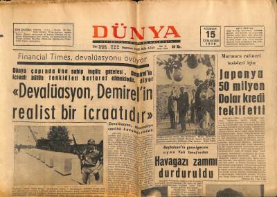 Dünya Gazetesi 15 Ağustos 1970 - Japonya 50 Milyon Dolar Kredi Teklif Etti GZ72108 - 2