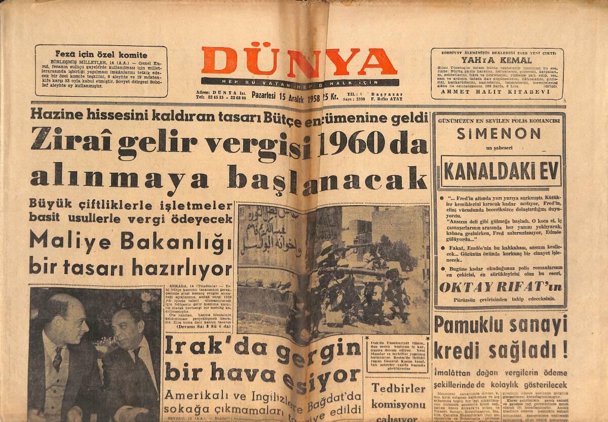 Dünya Gazetesi 15 Aralık 1958 - Kremlin'de 9 Saat - Zirai Gelir Vergisi 1960 Da Alınmaya Başlanacak GZ151105 - 1