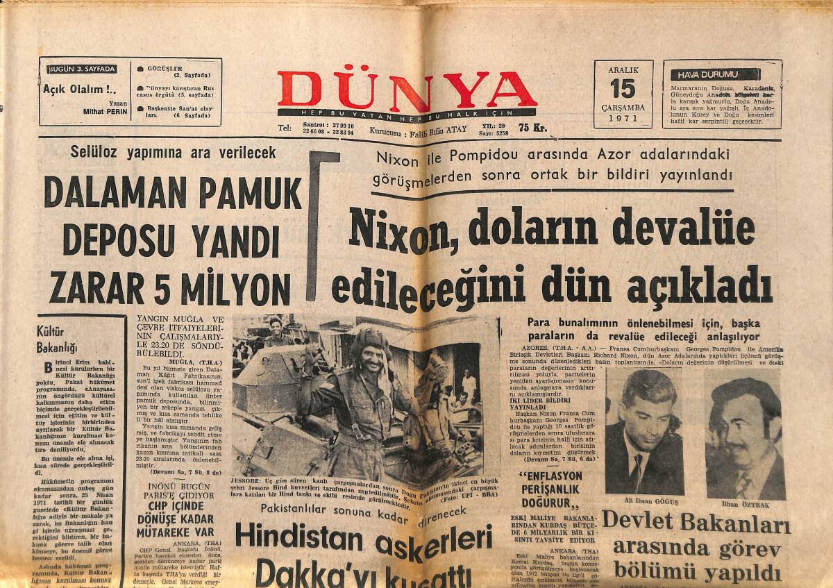 Dünya Gazetesi 15 Aralık 1971 - Dalaman Pamuk Deposu Yandı Zarar 5 Milyon - Nahit Töre İçin Ölüm Cezası İstendi GZ148205 - 1