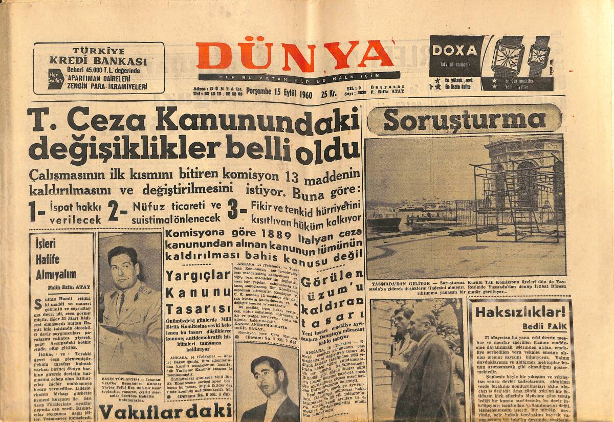 Dünya Gazetesi 15 Eylül 1960 - Galatasaraylı Metin Dün Tevkif Edildi - İstanbul Boğazı Üzerinde Köprü GZ152186 - 1
