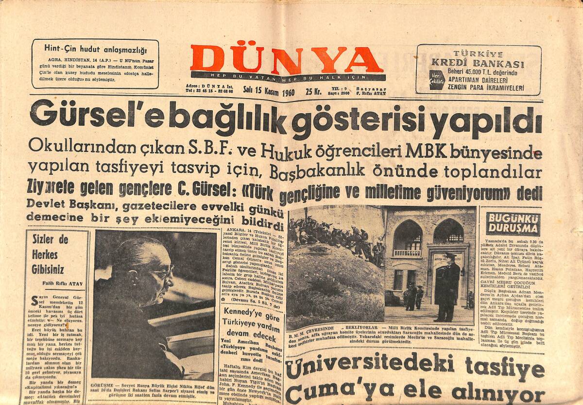 Dünya Gazetesi 15 Kasım 1960 - Gürsel'e Bağlılık Gösterisi Yapıldı - Galatasaray Olimpiakos'la 23 Kasım'da Karşılaşıyor GZ150895 - 1