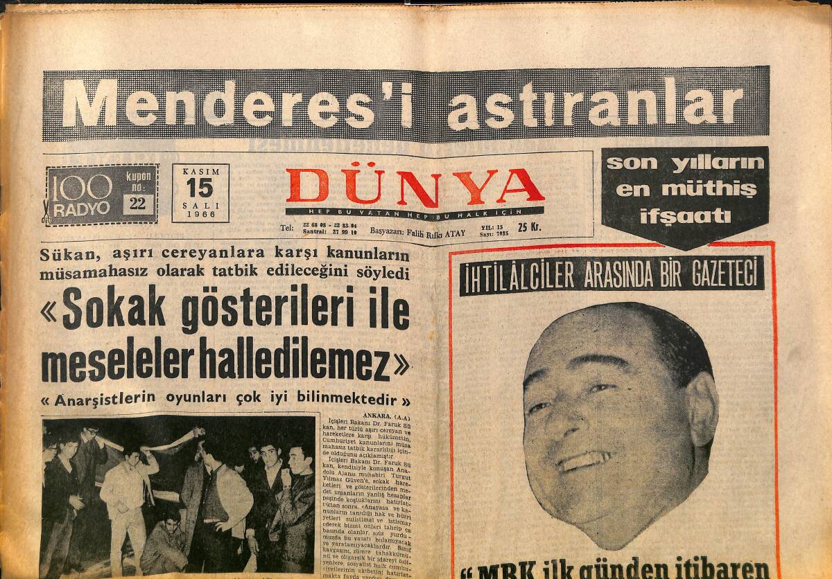 Dünya Gazetesi 15 Kasım 1966 - Menderes'i Astıranlar - İnönü, Demirel İle Görüştüğü Konular Hakkında Bilgi Verdi GZ149345 - 1