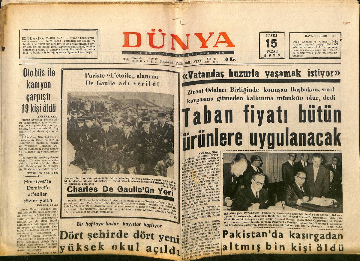 Dünya Gazetesi 15 Kasım 1970 - Beşiktaş Ve Galatasaray'ın İşi Zor - Charles De Gaulle'ün Yeri GZ148187 - 1