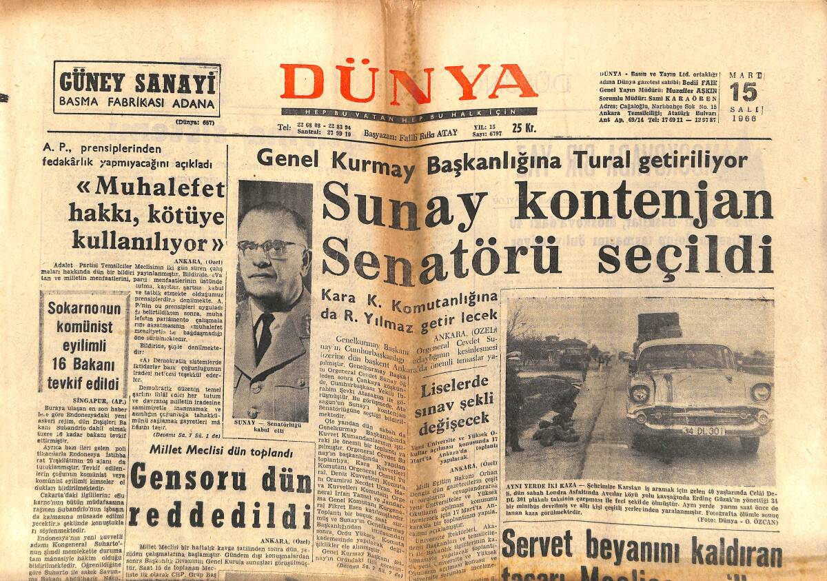 Dünya Gazetesi 15 Mart 1966 - Sunay Kontenjan Senatörü Seçildi - Brigitte Bardot: Bence Dünyanın En Güzel Kızı Ursula Andress'dir GZ150838 - 1