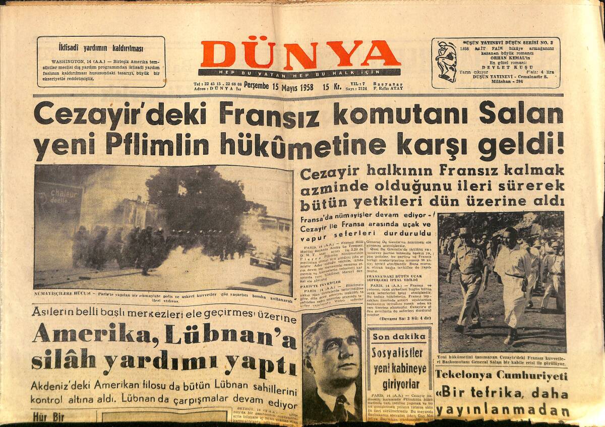 Dünya Gazetesi 15 Mayıs 1958 - Amerika, Lübnan'a Silah Yardımı Yaptı - Kıbrıs Hakkında Yeni İngiliz Planı GZ152161 - 1