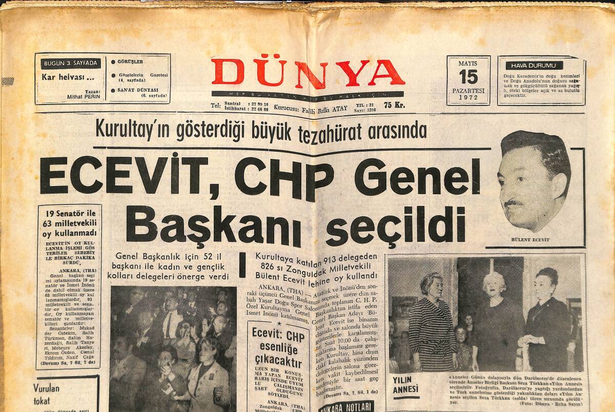 Dünya Gazetesi 15 Mayıs 1972 - Ecevit CHP Genel Başkanı Seçildi - Charlie Chaplin - Boğaz Köprüsünde Ana Kabloların Çekimi Başlıyor GZ147914 - 1