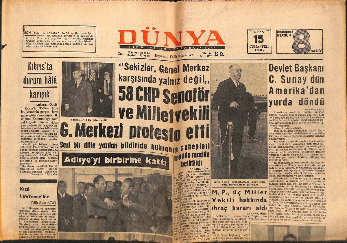 Dünya Gazetesi 15 Nisan 1967 - Oraloğlu Ve Arkadaşları Dün Mahkemeye Verildiler - Kıbrıs'ta Durum Hâlâ Karışık GZ149243 - 1
