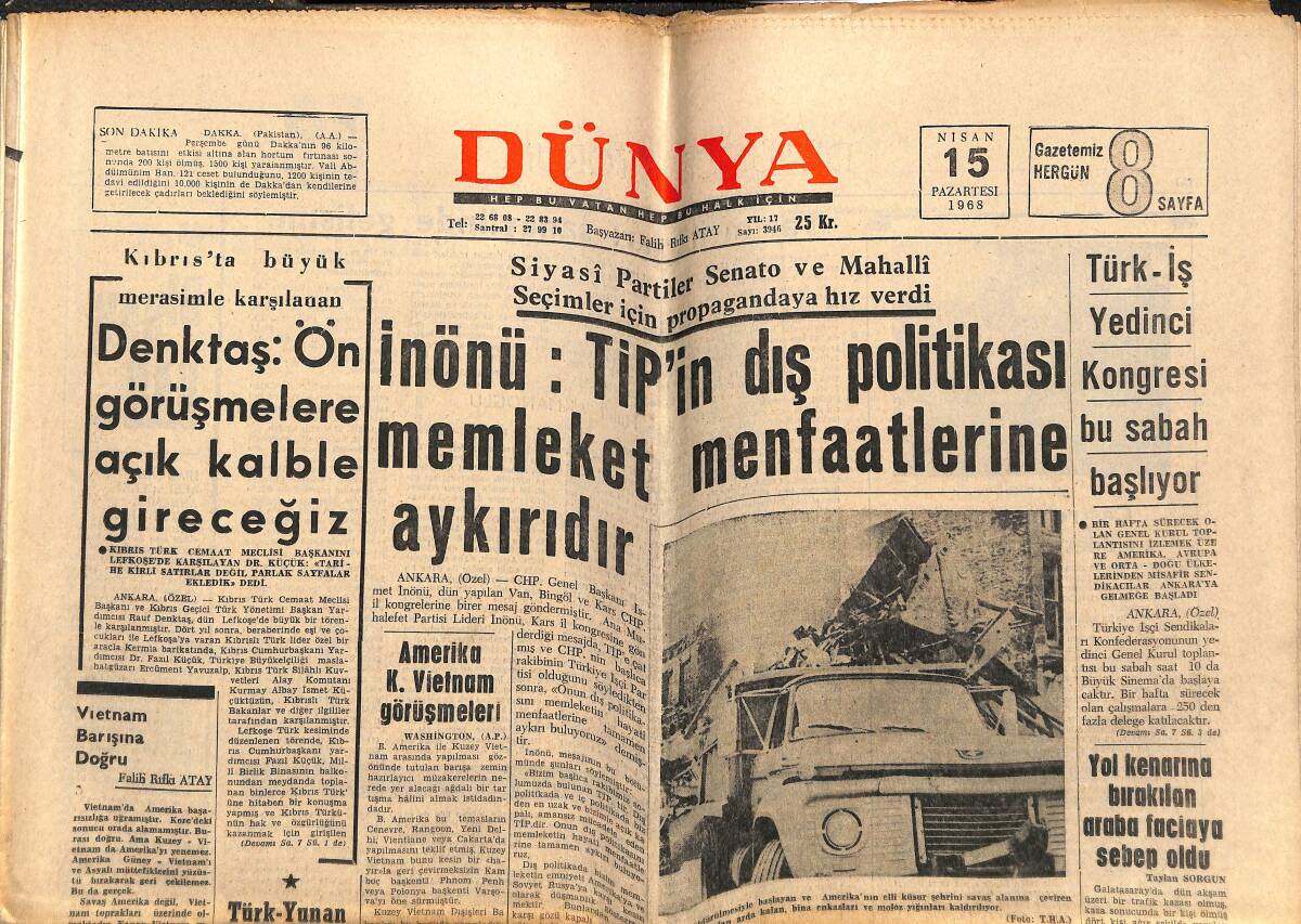 Dünya Gazetesi 15 Nisan 1968 - Altın Kafesteki Adam Prens Filip - Yeni Motor Jumbo Jet Çağında Rolce Royce Başta GZ143557 - 1