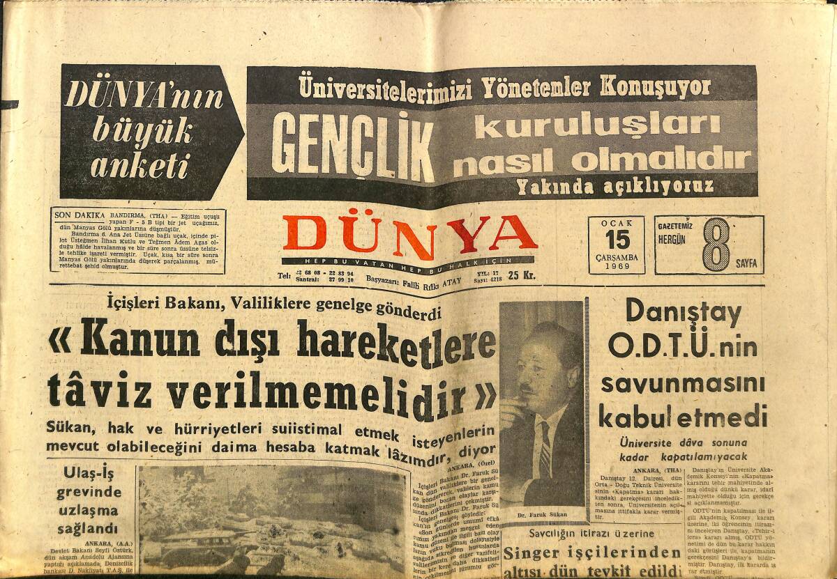 Dünya Gazetesi 15 Ocak 1969 - Danıştay ODTÜ'nin Savunmasını Kabul Etmedi GZ148137 - 1