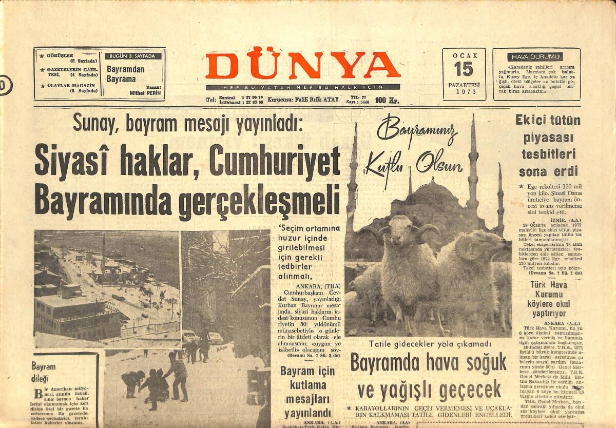 Dünya Gazetesi 15 Ocak 1973 - Çin, İngiltere İle Sıkı Bir Havacılık Alışverişi Yapıyor - İstanbul Operasında Açlık Temsil Ediliyor GZ142784 - 1