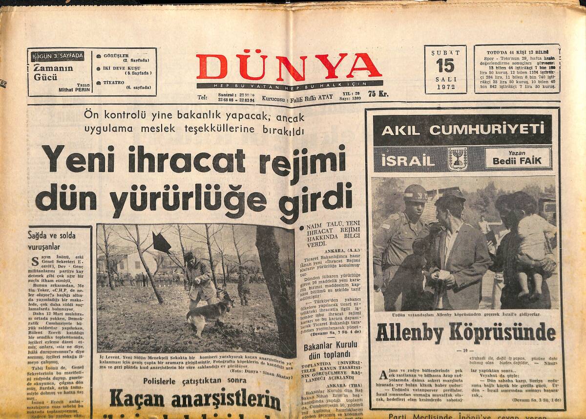 Dünya Gazetesi 15 Şubat 1972 - Muhammed Ali Clay, Türkiye'de Film Çevirecek - Yeni Bir İhracat Rejimi GZ152174 - 1