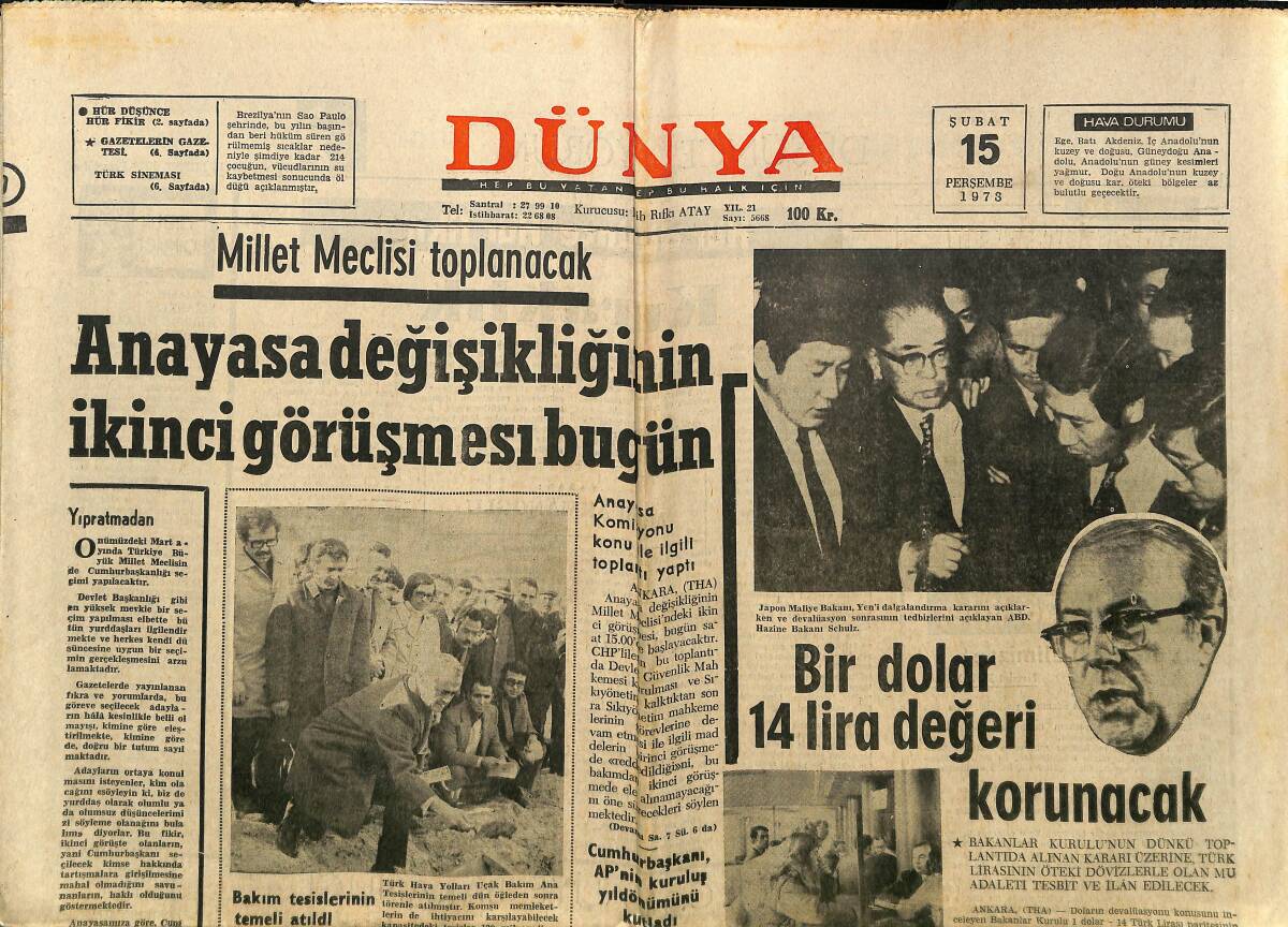 Dünya Gazetesi 15 Şubat 1973 - Artist Fatma Girik'in Evi Soyuldu - Bir Dolar 14 Lira Değeri Korunacak GZ148309 - 1