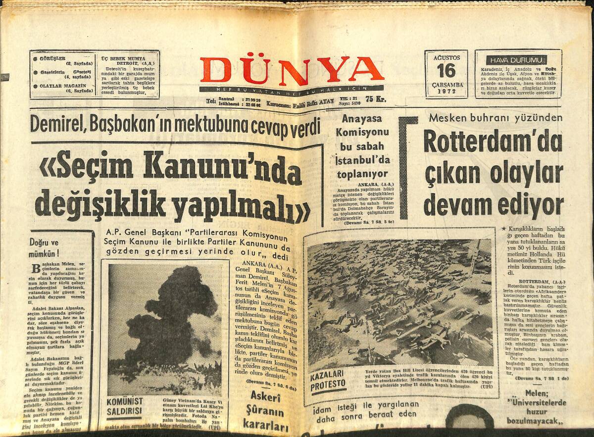 Dünya Gazetesi 16 Ağustos 1972 - Galatasaray-Fenerbahçe - Dünyanın Üçüncü Büyük Elmas'ı GZ147965 - 1