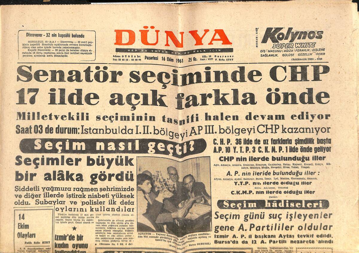 Dünya Gazetesi 16 Ekim 1961 - Tural Ve Tulga Demeç Verdiler - Yunanistan Seçimleri GZ152473 - 1