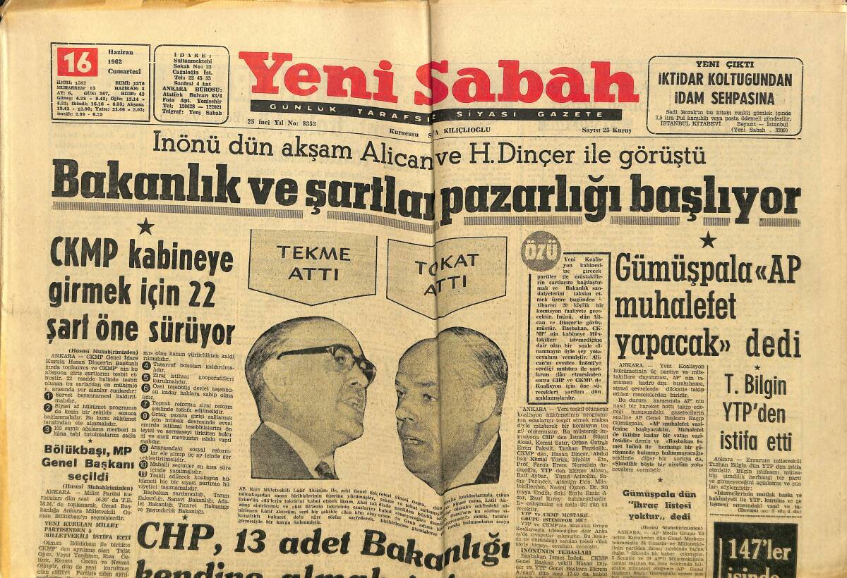 Yeni Sabah Gazetesi 16 Haziran 1962 - Peri Han İle Orhan Günşiray - İnönü Dün Akşam Alican Ve H. Dinçer İle Görüştü GZ148232 - 1