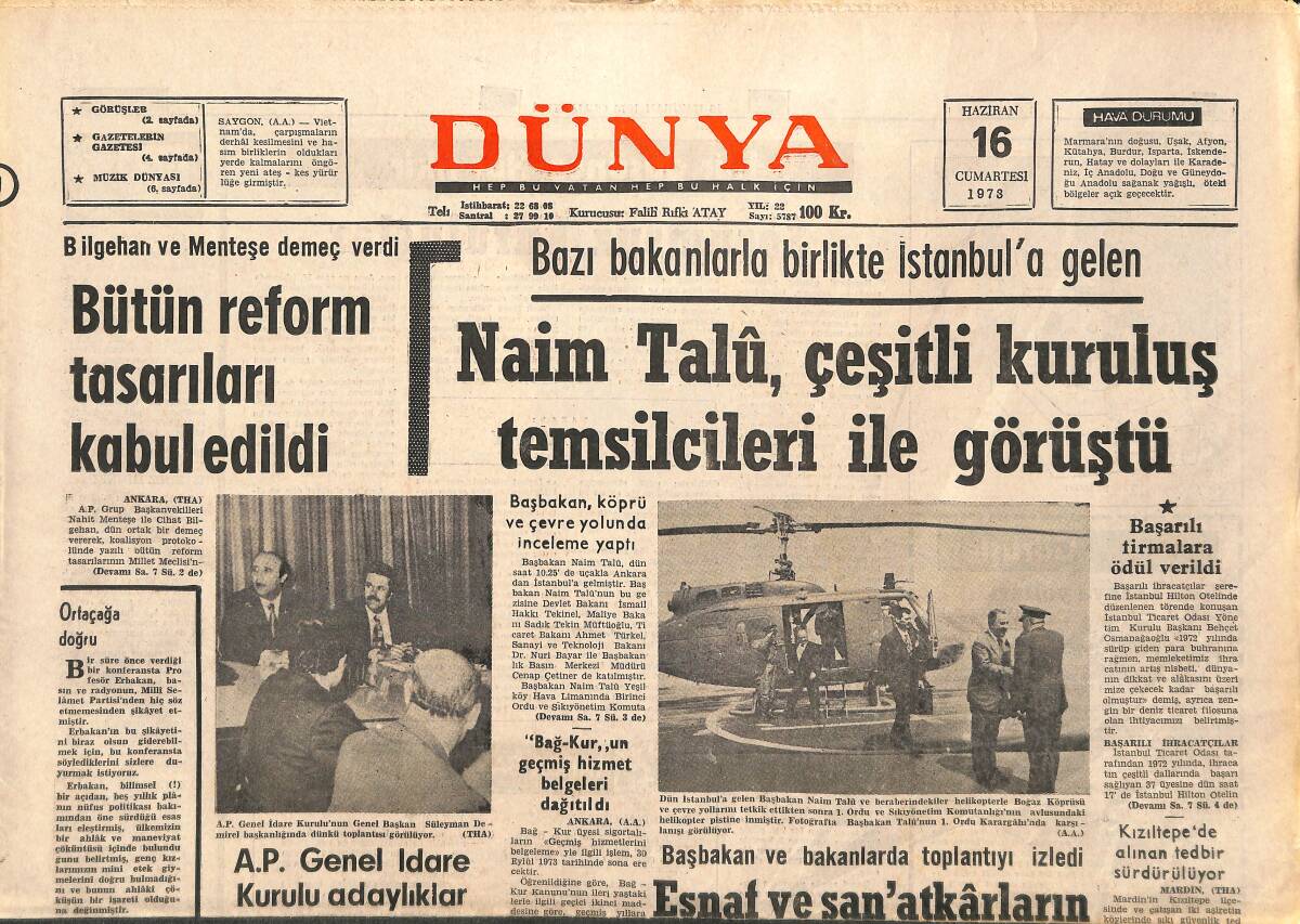 Dünya Gazetesi 16 Haziran 1973 - Naim Talu, Çeşitli Kuruluş Temsilcileri İle Görüştü - Fenerbahçe, Romen Lucescu İle Anlaştı! GZ143214 - 1