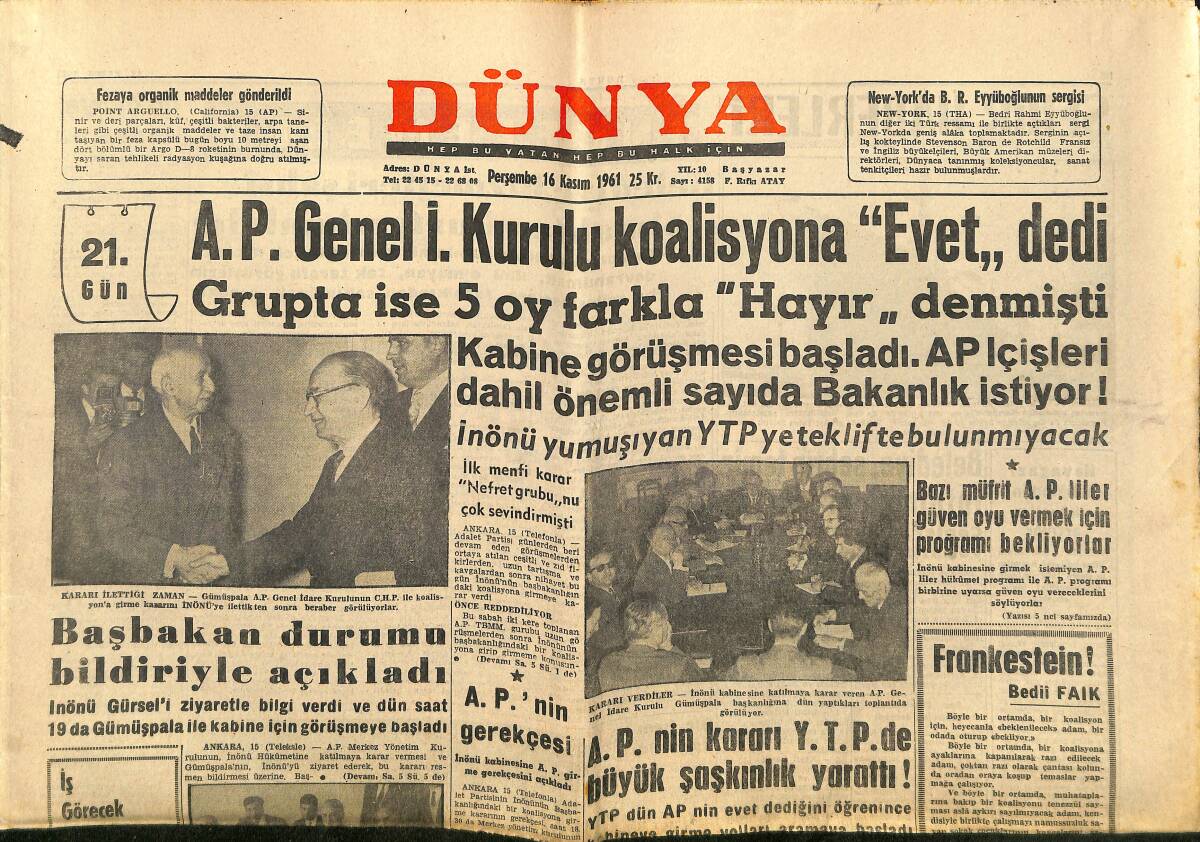 Dünya Gazetesi 16 Kasım 1961 - Cevdet Sunay Yurda Döndü - A.P.'nin Gerekçesi GZ148126 - 1