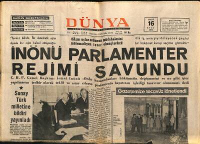 Dünya Gazetesi 16 Mart 1971 - İnönü Parlementer Rejimi Savundu GZ88606 - 1
