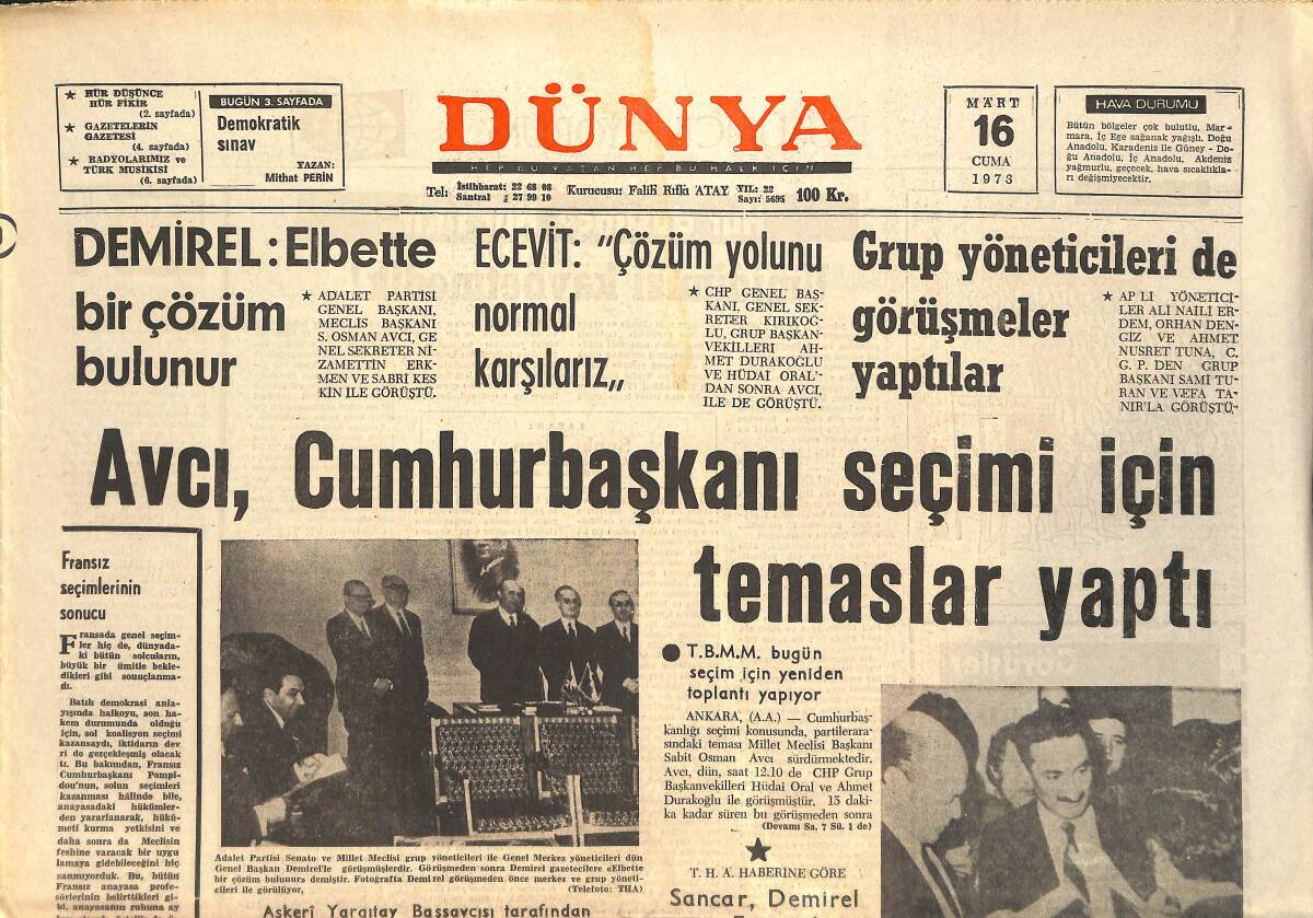 Dünya Gazetesi 16 Mart 1973 - Cemal Kamacı, Ortiz'le İstanbul'da Karşılaşacak - Sevim Deran Turneden Döndü GZ143137 - 1