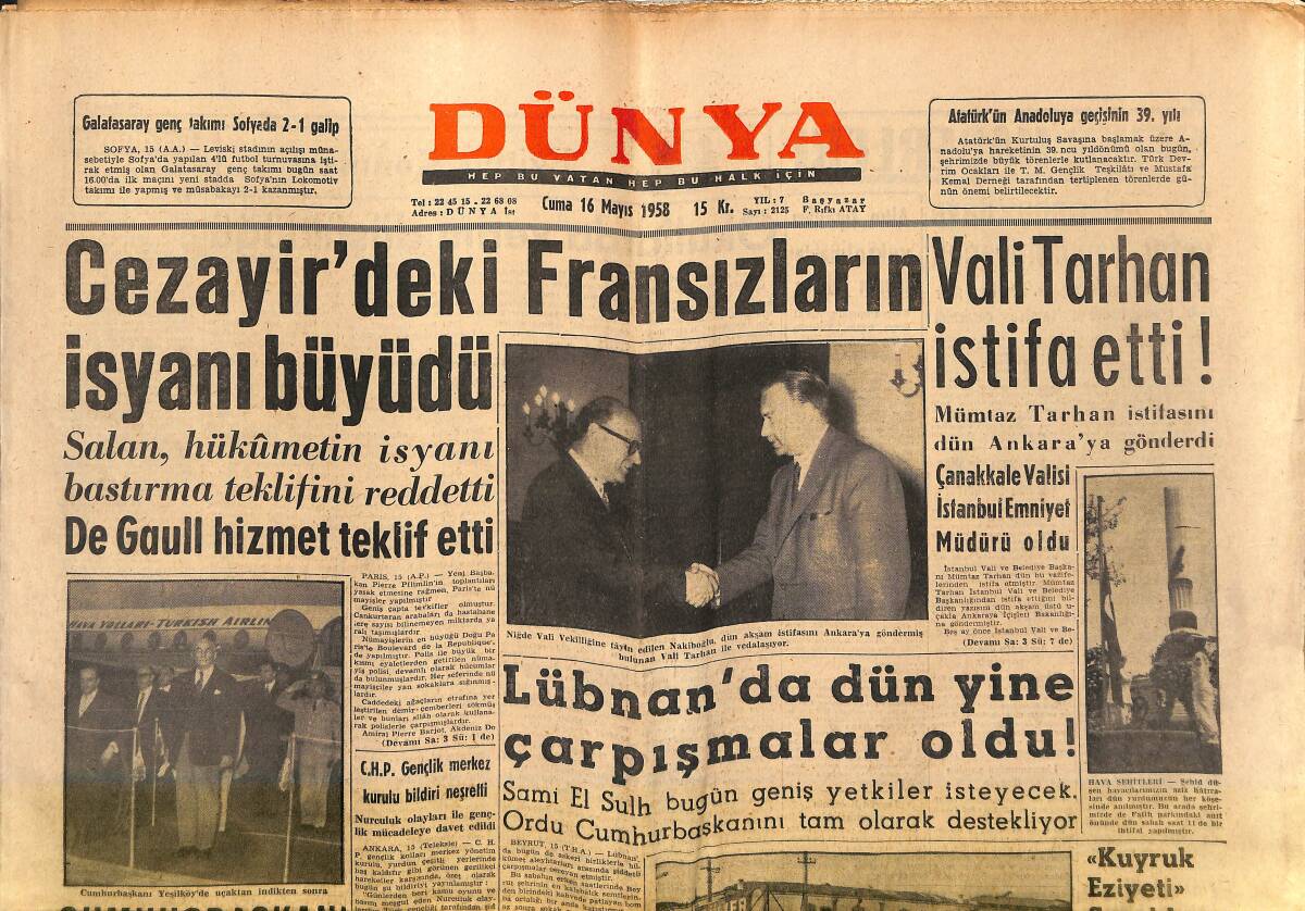 Dünya Gazetesi 16 Mayıs 1958 - Cezayir'deki Fransızların İsyanı Büyüdü - Marilyn Monroe Gazetecilik Öğretmeni GZ152162 - 1