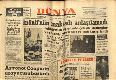 Dünya Gazetesi 16 Mayıs 1963 - Astronot Cooperin Uzay Uçuşu Başarılı GZ59971 - 1