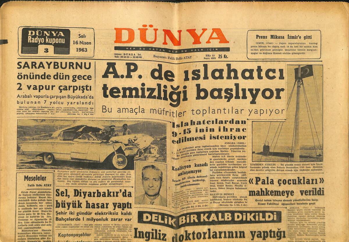 Dünya Gazetesi 16 Nisan 1963 - A.P.'de Islahatcı Temizliği Başlıyor - Sel , Diyarbakır'da Büyük Hasar Yaptı GZ148066 - 1