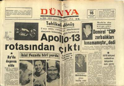 Dünya Gazetesi 16 Nisan 1970 - Apollo-13 Rotasından Çıktı GZ61101 - 1