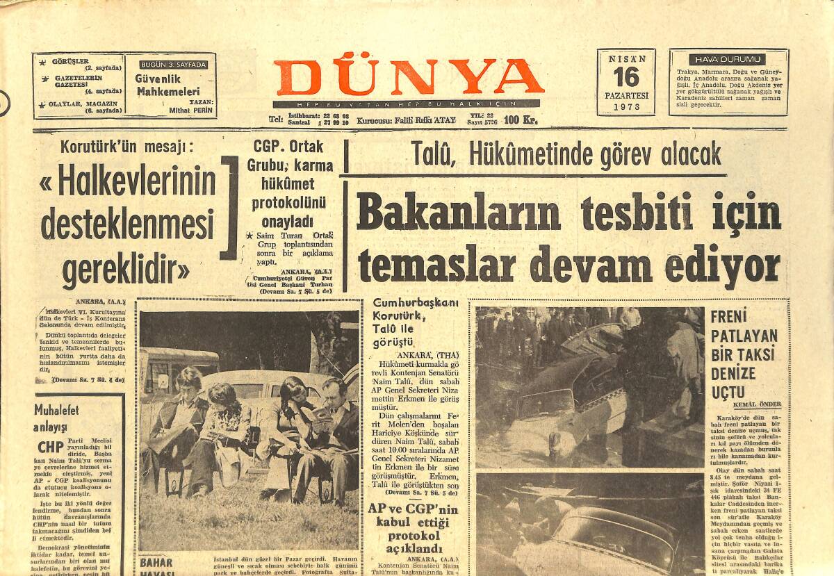 Dünya Gazetesi 16 Nisan 1973 - Amerikan B-52 Uçkaları Harekata Devam Ediyor - Galatasaray Bolu'yu İlk Devrede Yendi GZ143149 - 1