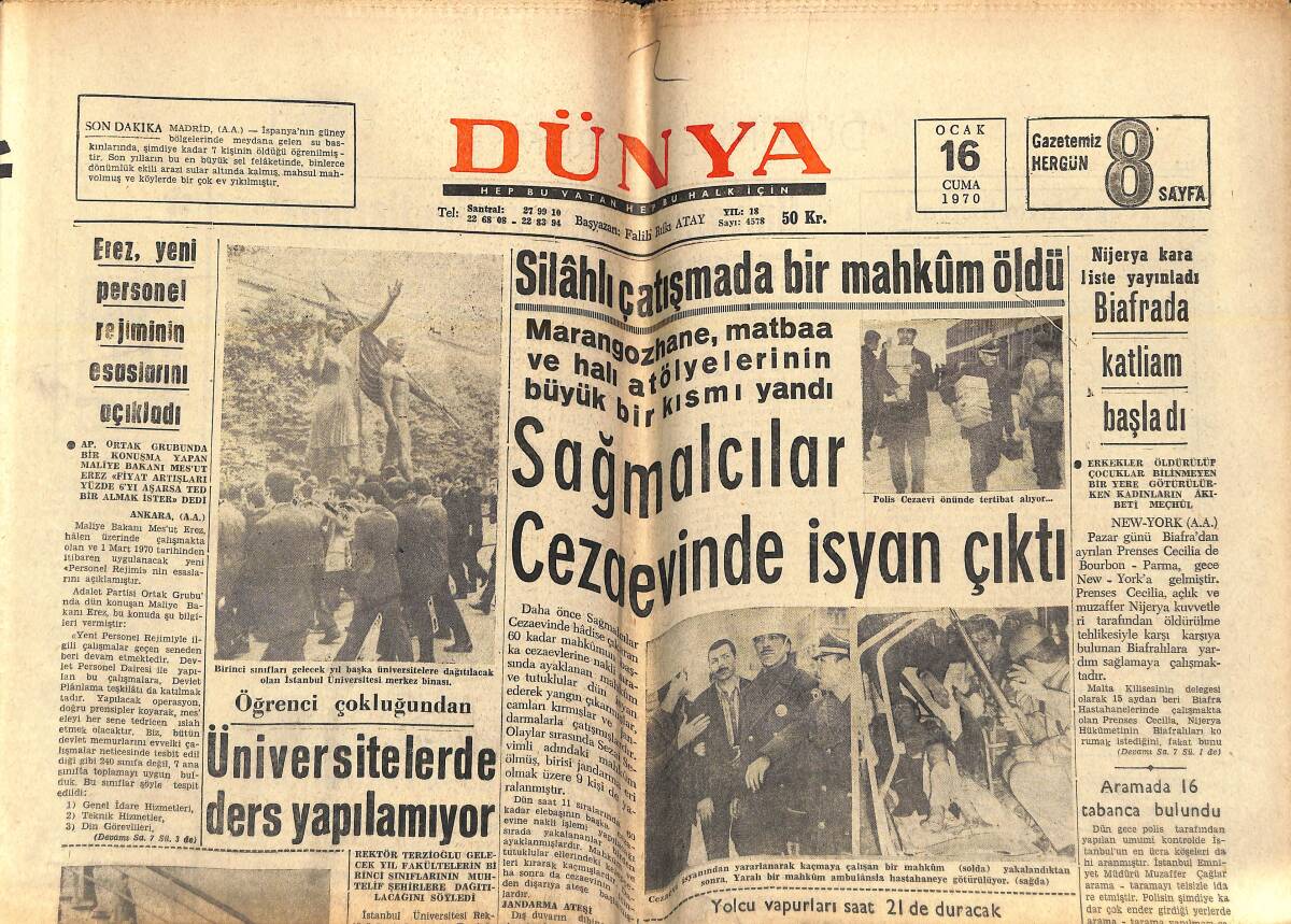 Dünya Gazetesi 16 Ocak 1970 - Sağmalcılar Cezaevinde İsyan Çıktı - Galatasaray İki Maçtan Üç Puan Bekliyor GZ143300 - 1