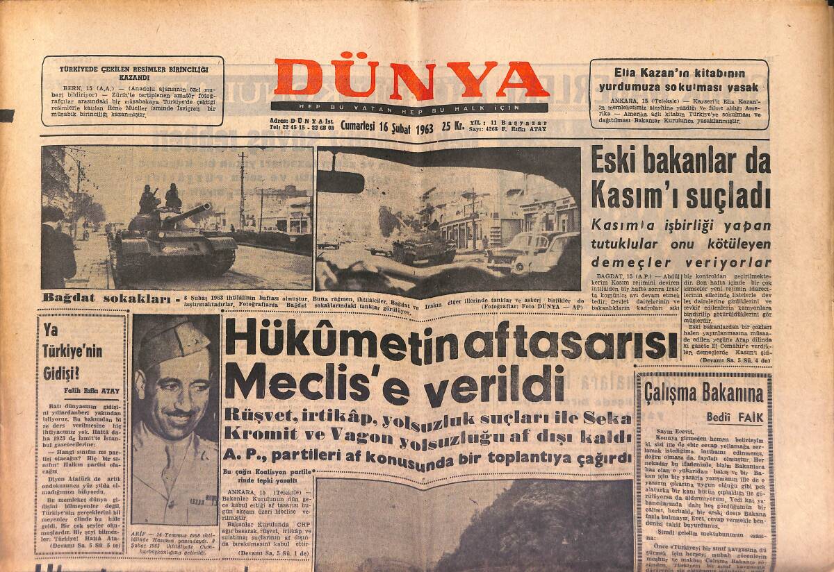 Dünya Gazetesi 16 Şubat 1963 - Sakarya Nehri Taştı Yüz Bin Dönüm Arazi Sular Altında Kaldı - Gülek Parti Kuruyor GZ149593 - 1