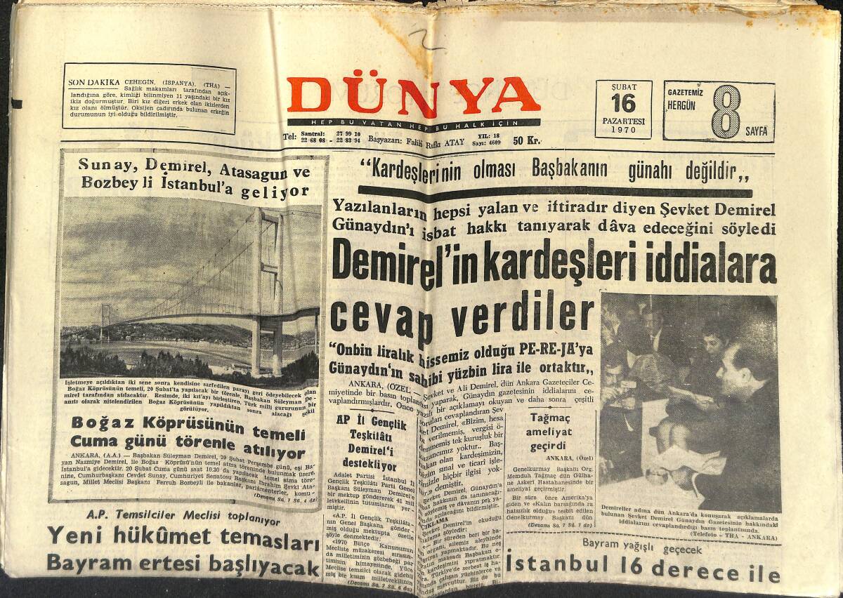 Dünya Gazetesi 16 Şubat 1970 - Boğaz Köprüsünün Temeli Cuma Günü Törenle Atılıyor - Beşiktaş'ın Mali Kongresi Yapıldı GZ150977 - 1