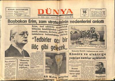 Dünya Gazetesi 16 Temmuz 1971 - Başbakan Erim , Zam Stratejisinin Nedenlerini Anlattı GZ82241 - 1