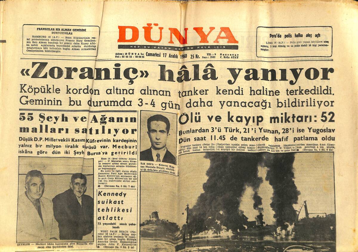 Dünya Gazetesi 17 Aralık 1960 - Yugoslav Tankeri Hala Yanıyor . Ölü Ve Kayıp Miktarı : 52 GZ148080 - 1