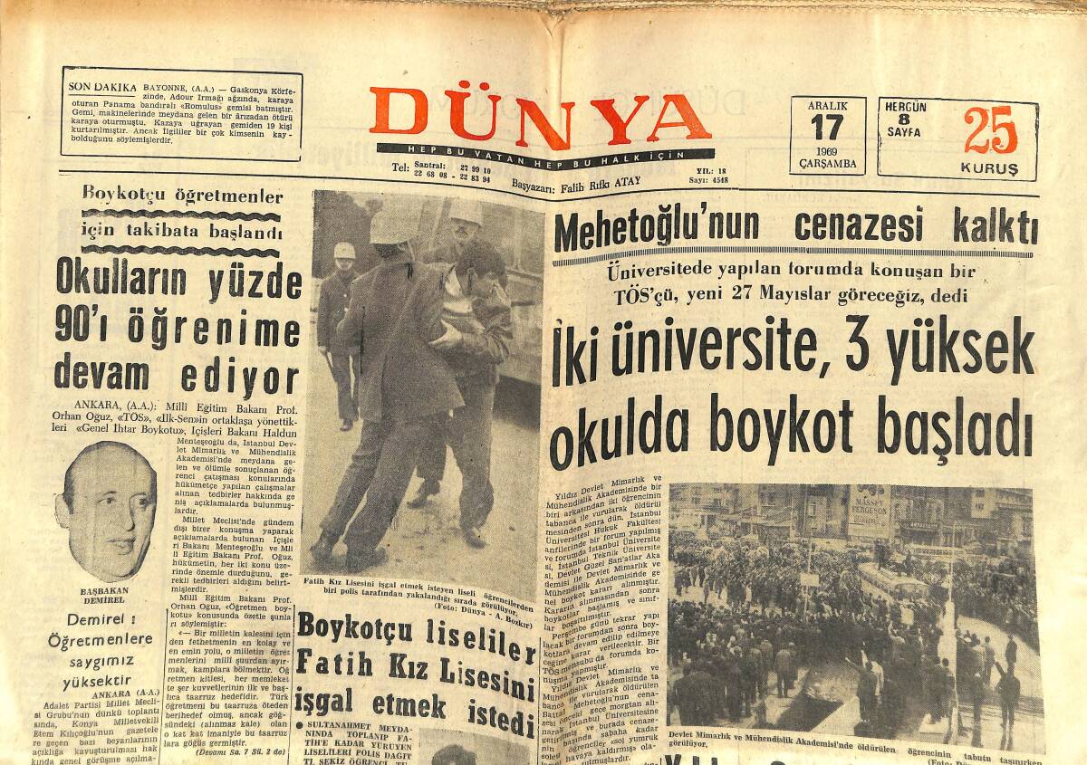 Dünya Gazetesi 17 Aralık 1969 - Boğaz Köprüsü İhale Edildi - Anadolu Futbolu Yine Meydan Okuyor GZ150958 - 1