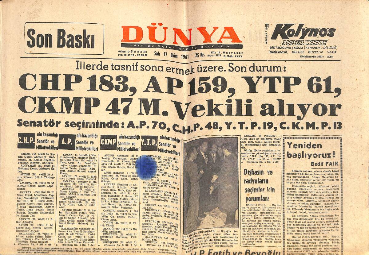 Dünya Gazetesi 17 Ekim 1961 - R. Gümüşpala Dün Ankara'ya Döndü - Dışbasın Ve Radyoların Seçimler İçin Yorumları GZ152474 - 1