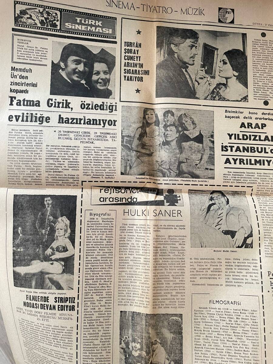 Dünya Gazetesi 17 Ekim 1968 - Türkan Şoray Cüneyt Arkın'ın Sigarasını Yakıyor - Fatma Girik Özlediği Evliliğe Hazırlanıyor GZ147956 - 2