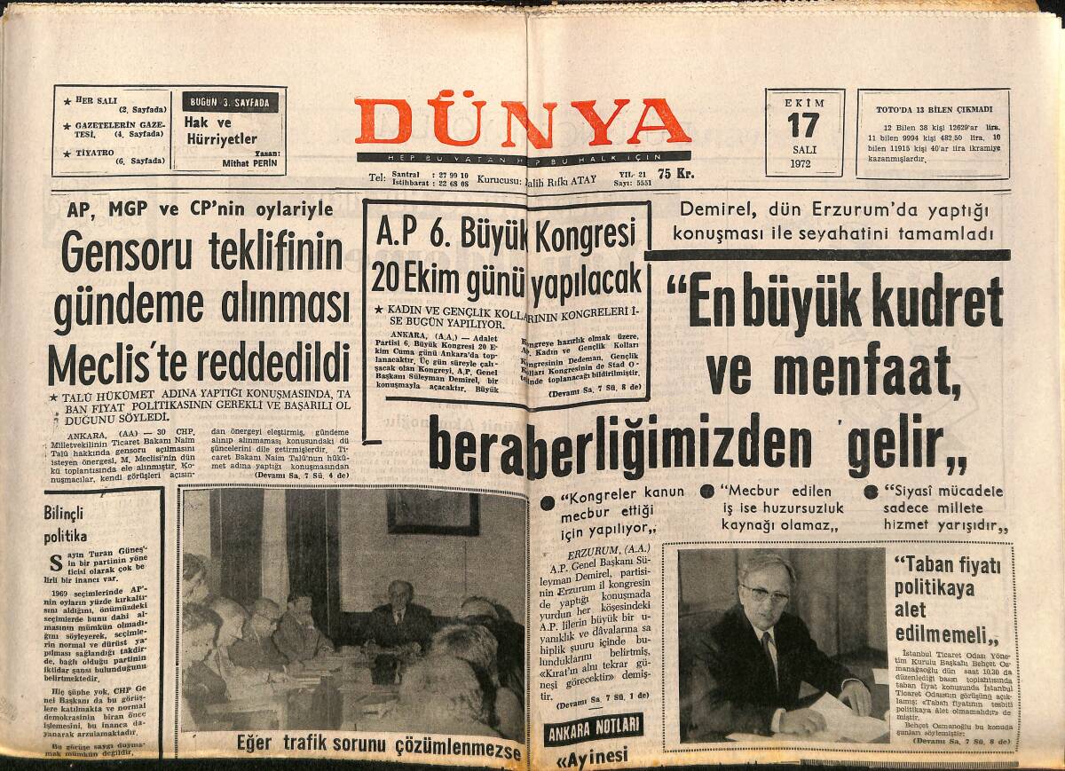 Dünya Gazetesi 17 Ekim 1972 - Boğaz Köprüsüsün Ana Kabloları Yerleştirildi - Fenerbahaçe Yine Lider GZ149333 - 1