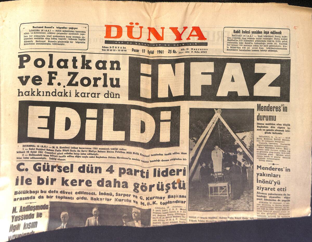 Dünya Gazetesi 17 Eylül 1961 - Polatkan Ve F.Zorlu İnfaz Edildi - Menderes'in Durumu GZ153994 - 1