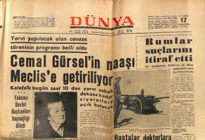 Dünya Gazetesi 17 Eylül 1966 - Cemal Gürselin Naaşı Meclise Getiriliyor GZ80652 - 1
