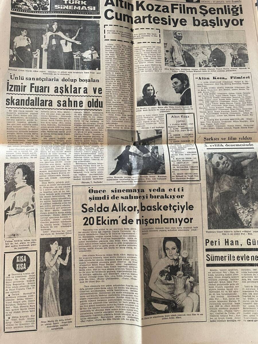 Dünya Gazetesi 17 Eylül 1970 - Selda Alkor Basketçiyle 20 Ekim'de Nişanlanıyor - Fatma Girik'in Sahne Tuvaleti - Peri Han Güner Sümer İle Evlenecek GZ148226 - 2