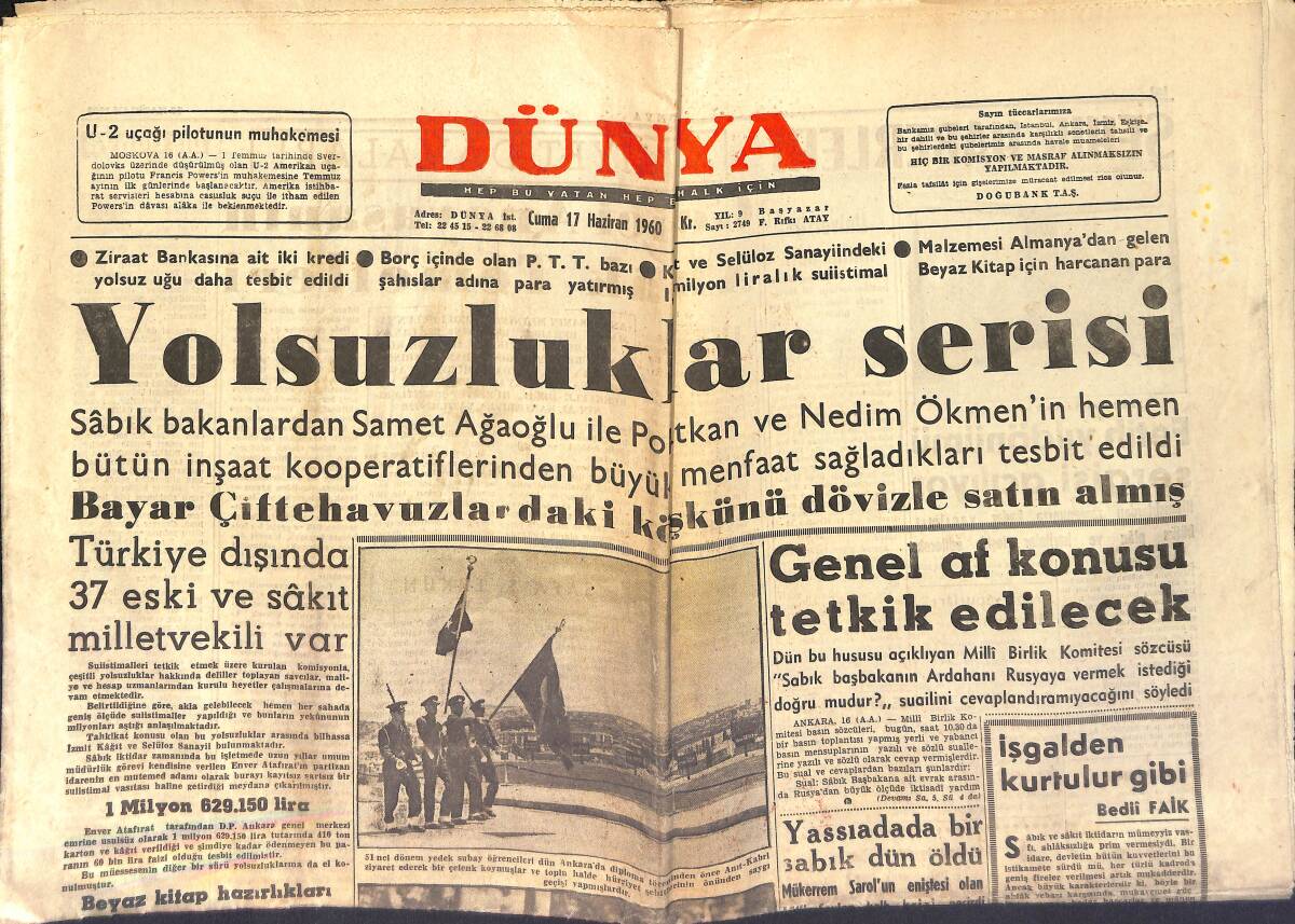 Dünya Gazetesi 17 Haziran 1960 - Eisenhower'in Cemal Gürsel'e Tebrik Mesajı - Yolsuzluklar Serisi GZ154004 - 1
