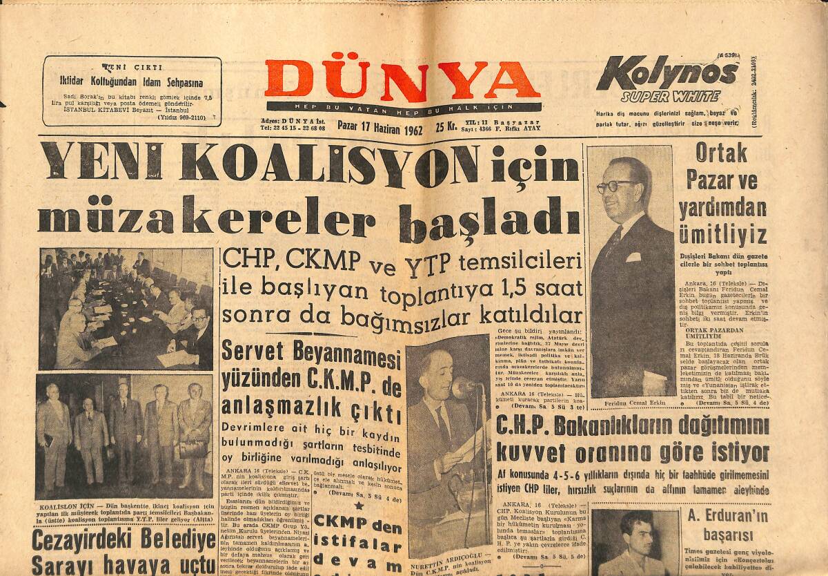 Dünya Gazetesi 17 Haziran 1962 - Yeni Koalisyon İçin Müzakereler Başladı - A.Erduran'ın Başarısı GZ151260 - 1