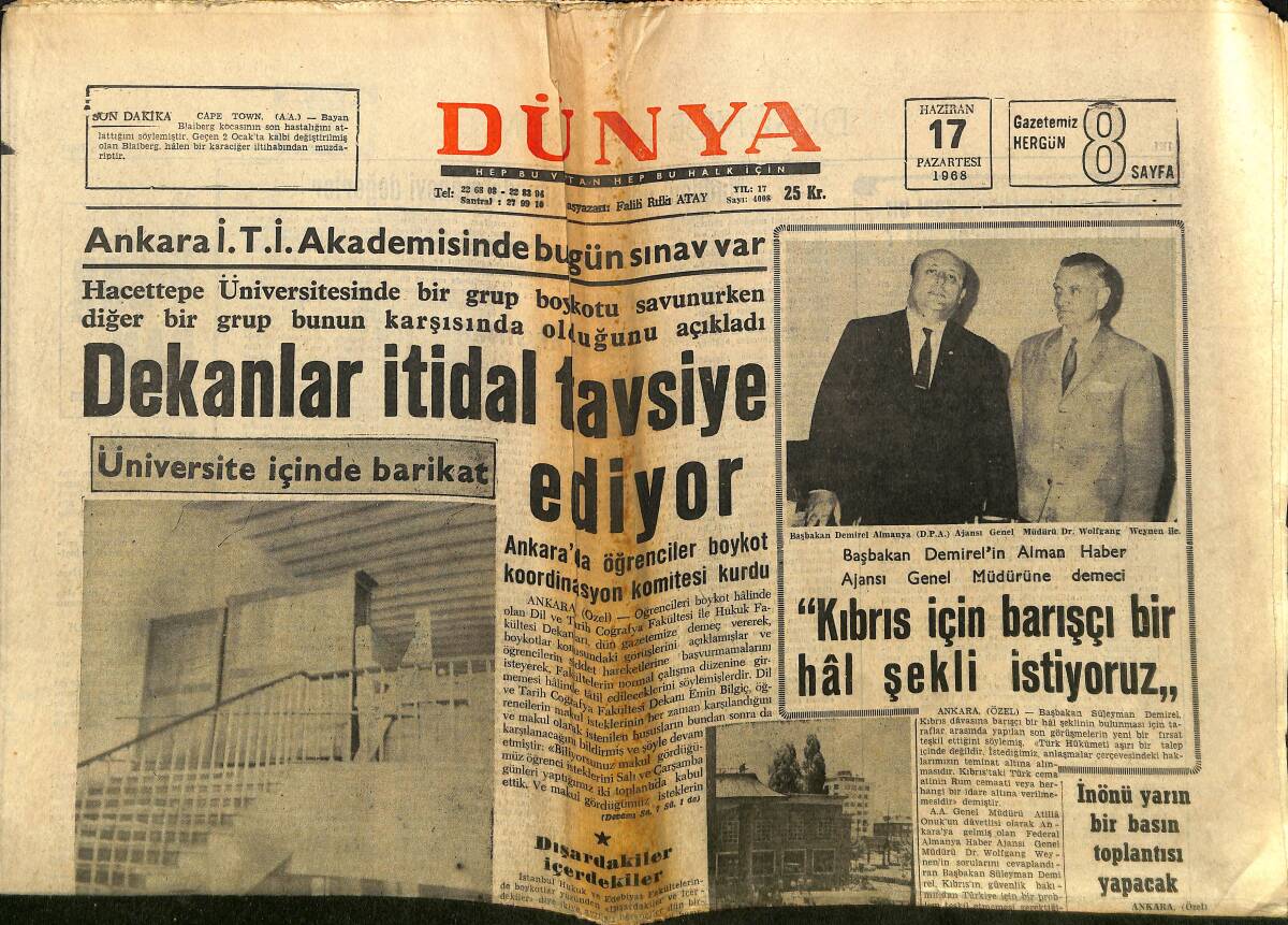 Dünya Gazetesi 17 Haziran 1968 - Gina Lollobrigida: İstanbul'u Daha Yakından Tanımak İçin Tekrar Geleceğim - Üç Gelinim: Brigitte, Anette, Jane GZ148186 - 1